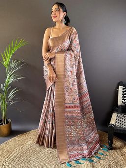 Odette - Women Peach Printed Silk Blend Saree with Unstitched Blouse