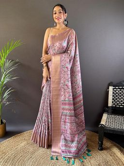 Odette - Women Pink Printed Silk Blend Saree with Unstitched Blouse