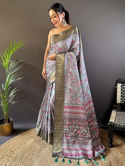 Odette - Women Sea Green Printed Silk Blend Saree with Unstitched Blouse