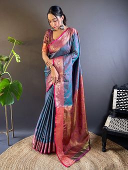 Odette - Women Blue Woven Design Silk Blend Saree with Unstitched Blouse