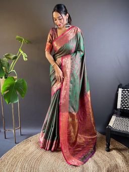 Odette - Women Green Woven Design Silk Blend Saree with Unstitched Blouse