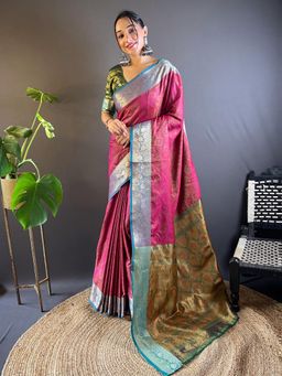 Odette - Women Pink Woven Design Silk Blend Saree with Unstitched Blouse