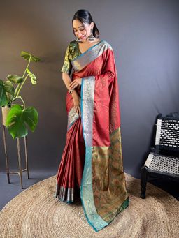 Odette - Women Red Woven Design Silk Blend Saree with Unstitched Blouse