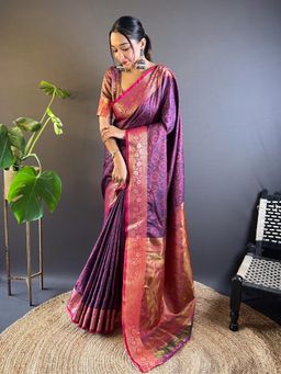 Odette - Women Dark Purple Woven Design Silk Blend Saree with Unstitched Blouse