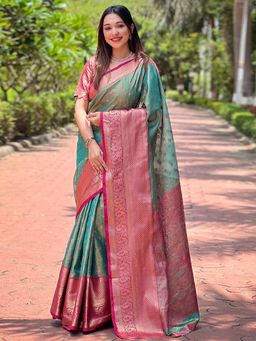 Odette - Women Green Woven Design Tissue Silk Saree with Unstitched Blouse