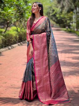 Odette - Women Grey Woven Design Tissue Silk Saree with Unstitched Blouse