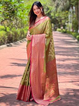 Odette - Women Olive Woven Design Tissue Silk Saree with Unstitched Blouse