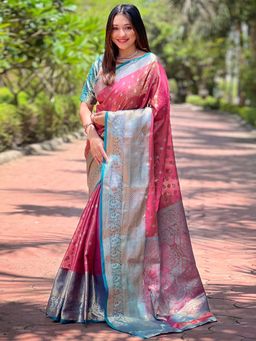 Odette - Women Pink Woven Design Tissue Silk Saree with Unstitched Blouse