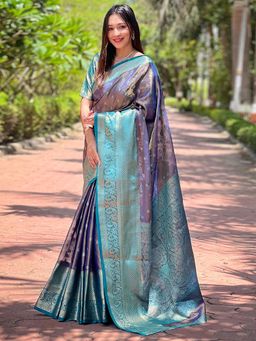 Odette - Women Purple Woven Design Tissue Silk Saree with Unstitched Blouse