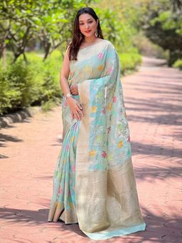 Odette - Women Blue Floral Woven Design Organza Saree with Unstitched Blouse