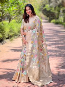Odette - Women Grey Floral Woven Design Organza Saree with Unstitched Blouse