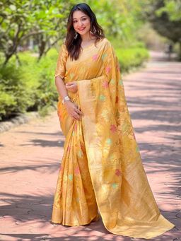Odette - Women Mustard Floral Woven Design Organza Saree with Unstitched Blouse