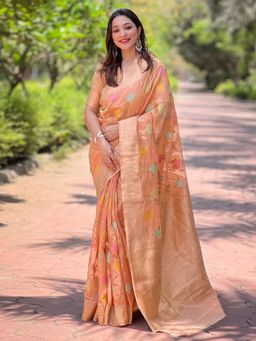 Odette - Women Orange Floral Woven Design Organza Saree with Unstitched Blouse