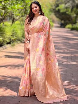 Odette - Women Pink Floral Woven Design Organza Saree with Unstitched Blouse