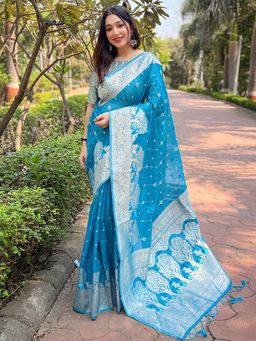 Odette - Women Blue Woven Design Organza Saree with Unstitched Blouse