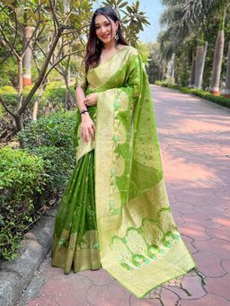 Odette - Women Green Woven Design Organza Saree with Unstitched Blouse