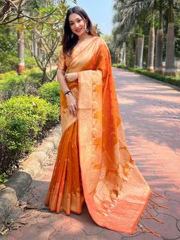 Odette - Women Orange Woven Design Organza Saree with Unstitched Blouse