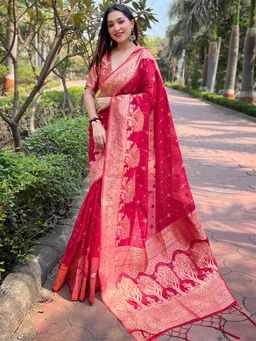 Odette - Women Red Woven Design Organza Saree with Unstitched Blouse