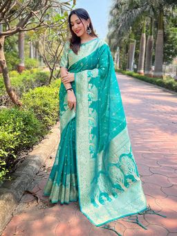 Odette - Women Sea Green Woven Design Organza Saree with Unstitched Blouse