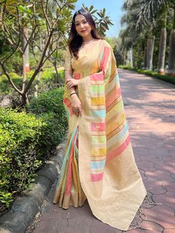 Odette - Women Cream Woven Design Organza Saree with Unstitched Blouse