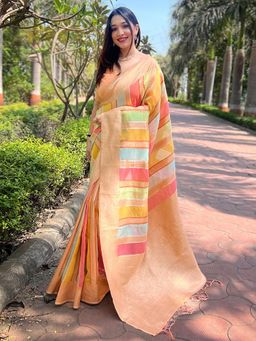 Odette - Women Beige Woven Design Organza Saree with Unstitched Blouse