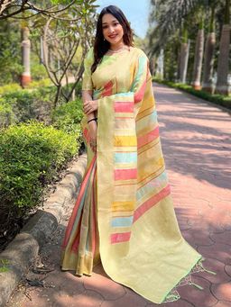 Odette - Women Pista Green Woven Design Organza Saree with Unstitched Blouse