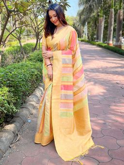 Odette - Women Yellow Woven Design Organza Saree with Unstitched Blouse