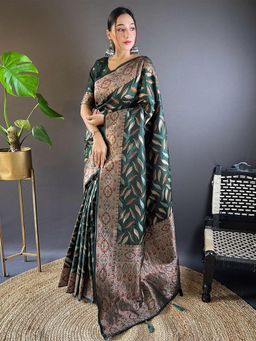 Odette - Women Green Woven Design Soft Silk Saree with Unstitched Blouse