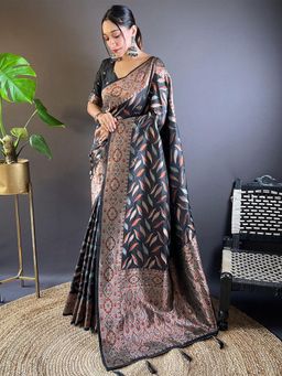 Odette - Women Black Woven Design Soft Silk Saree with Unstitched Blouse