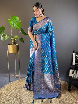 Odette - Women Blue Woven Design Soft Silk Saree with Unstitched Blouse