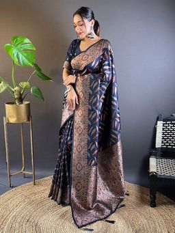 Odette - Women Dark Navy Blue Woven Design Soft Silk Saree with Unstitched Blouse
