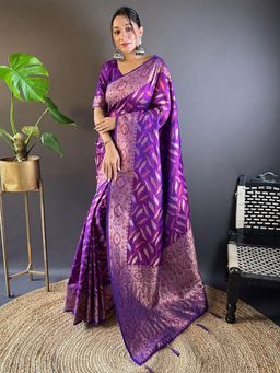Odette - Women Purple Woven Design Soft Silk Saree with Unstitched Blouse