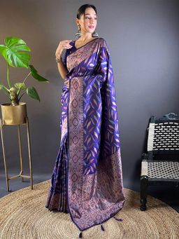 Odette - Women Navy Blue Woven Design Soft Silk Saree with Unstitched Blouse