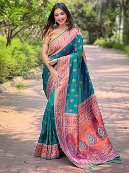 Odette - Women Teal Woven Tassels Design Silk Blend Saree with Unstitched Blouse