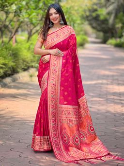 Odette - Women Pink Woven Tassels Design Silk Blend Saree with Unstitched Blouse