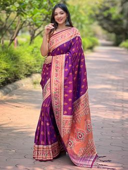 Odette - Women Purple Woven Tassels Design Silk Blend Saree with Unstitched Blouse