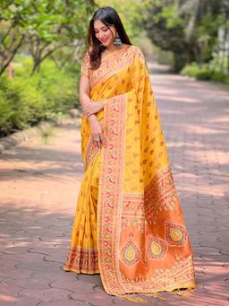Odette - Women Yellow Woven Tassels Design Silk Blend Saree with Unstitched Blouse