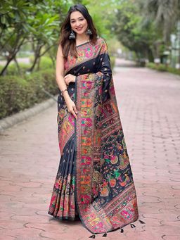 Odette - Women Black Woven Design Silk Blend Saree with Unstitched Blouse