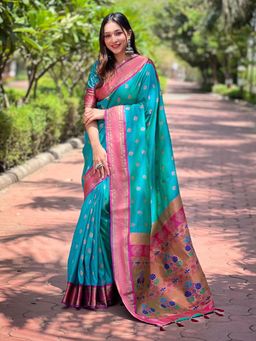 Odette - Women Sea Blue Woven Design Silk Blend Saree with Unstitched Blouse