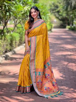 Odette - Women Mustard Woven Design Silk Blend Saree with Unstitched Blouse