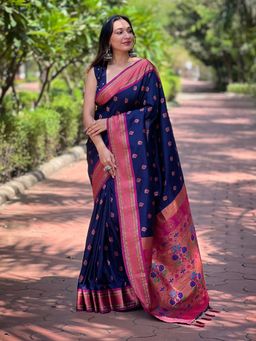 Odette - Women Navy Blue Woven Design Silk Blend Saree with Unstitched Blouse