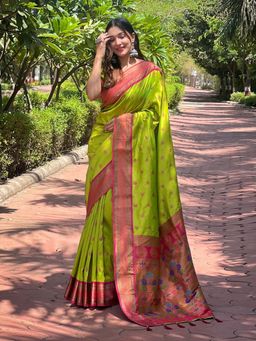 Odette - Women Olive Woven Design Silk Blend Saree with Unstitched Blouse