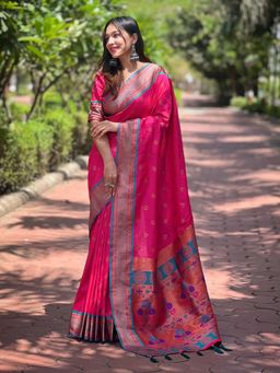 Odette - Women Pink Woven Design Silk Blend Saree with Unstitched Blouse