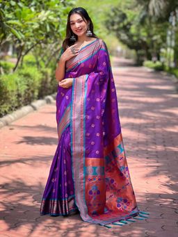 Odette - Women Purple Woven Design Silk Blend Saree with Unstitched Blouse