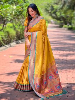Odette - Women Mustard Woven Tassels Design Silk Blend Saree with Unstitched Blouse