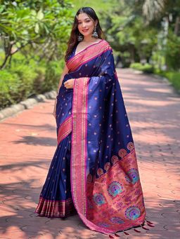 Odette - Women Dark Navy Blue Woven Tassels Design Silk Blend Saree with Unstitched Blouse