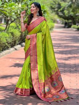 Odette - Women Olive Woven Tassels Design Silk Blend Saree with Unstitched Blouse