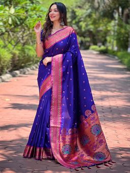 Odette - Women Navy Blue Woven Tassels Design Silk Blend Saree with Unstitched Blouse