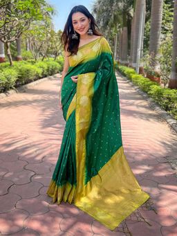 Odette - Women Green Woven Design Soft Silk Saree with Unstitched Blouse