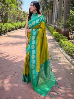 Odette - Women Olive Woven Design Soft Silk Saree with Unstitched Blouse
